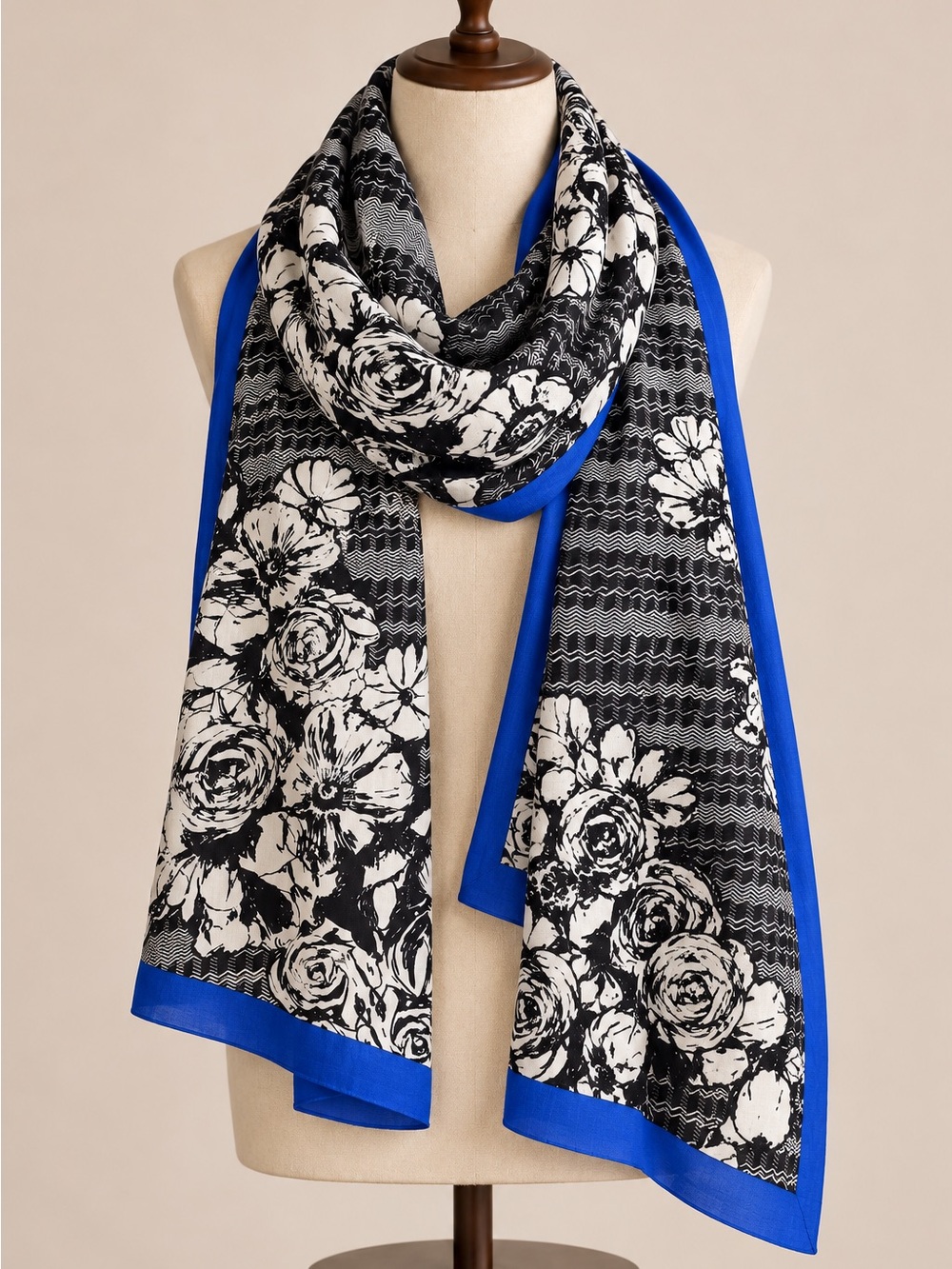 Stella & Dot Black White Floral Scarf Wrap Cobalt Blue Border Rayon